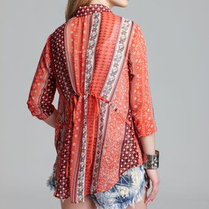 Free People Moonlight Mile Red Boho Sheer Patterned Button Up Tie Blouse M